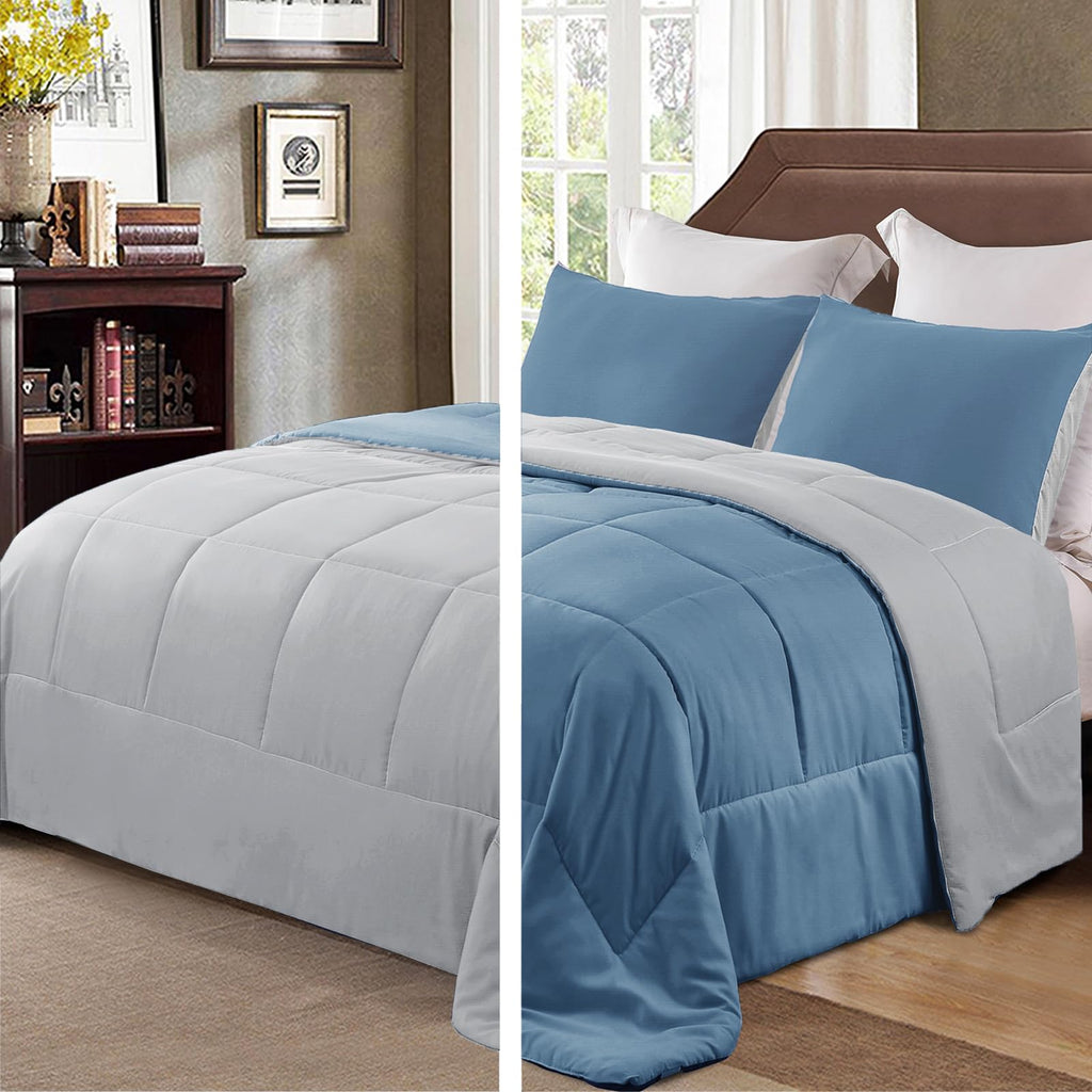 Exclusivo Mezcla Ensemble de Couette Léger Réversible 3 Pièces Toutes Saisons avec 2 Taies d'Oreiller King Size Gris Bleuté