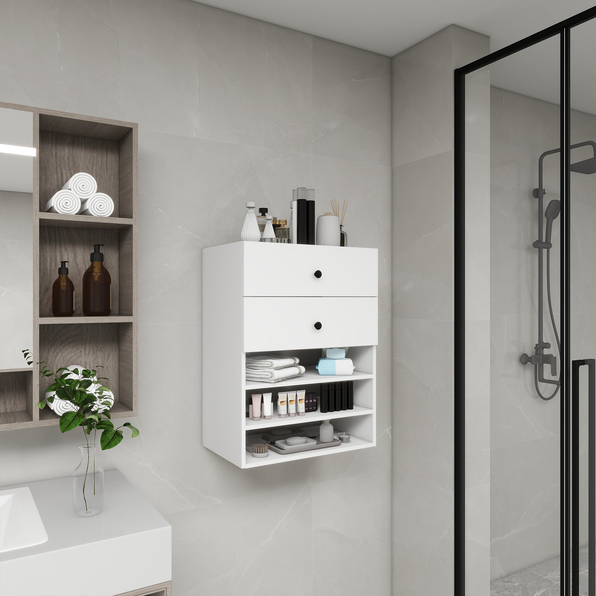 Système d'Organisateur de Placard Modulaire en Bois C1 avec 2 Tiroirs 3 Étagères, Montage Mural pour Dressing et Chambre, Rangement Intégré pour Vêtements, Blanc 23.62''L x 16.04''P x 31.49''H