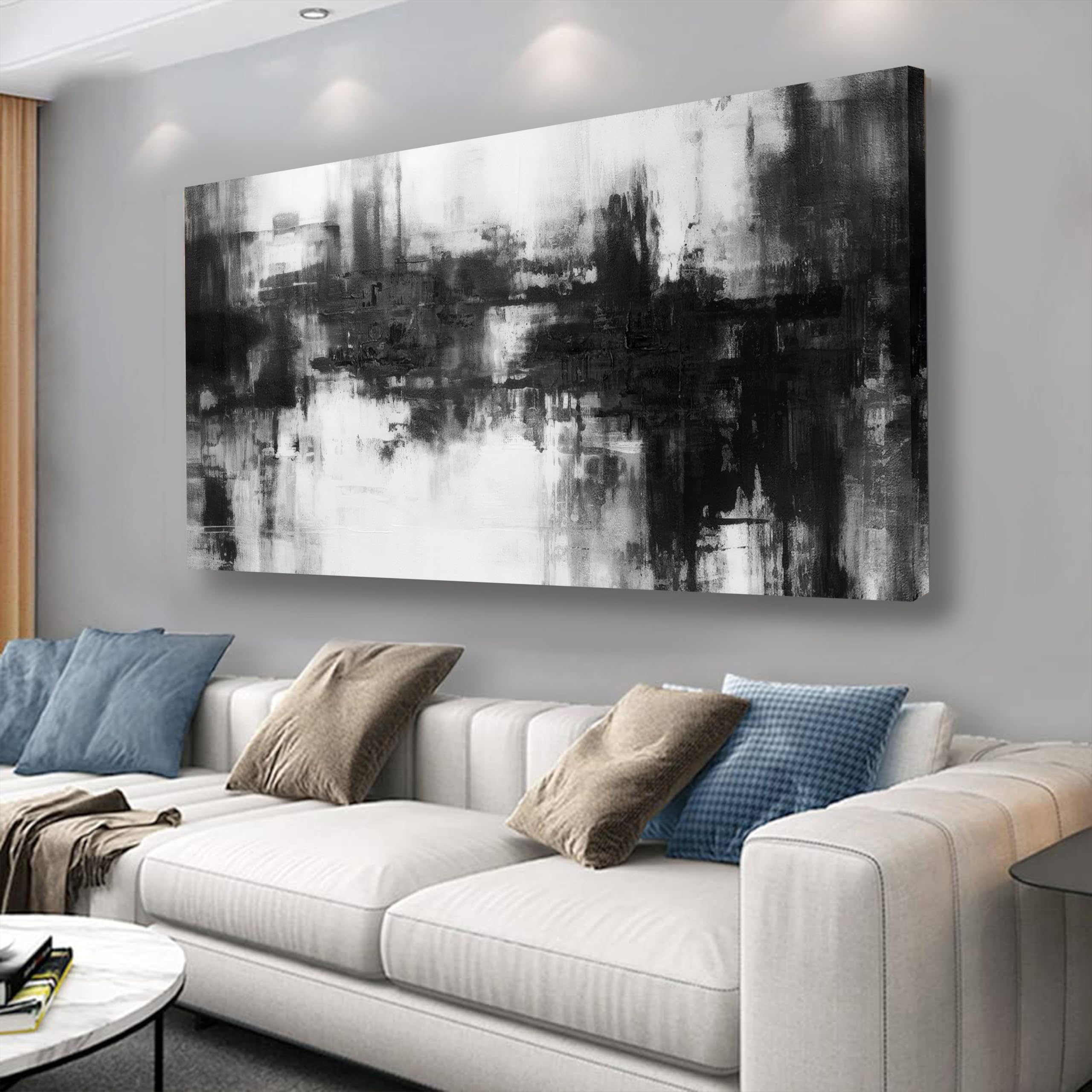 VHMING Décoration Murale Abstraite Noire, Peinture Noir et Blanc, Art Mural Pop Culture, Déco Rock pour Chambre, Toile d’Art pour Bureau à Domicile, Salle à Manger 24"x48"