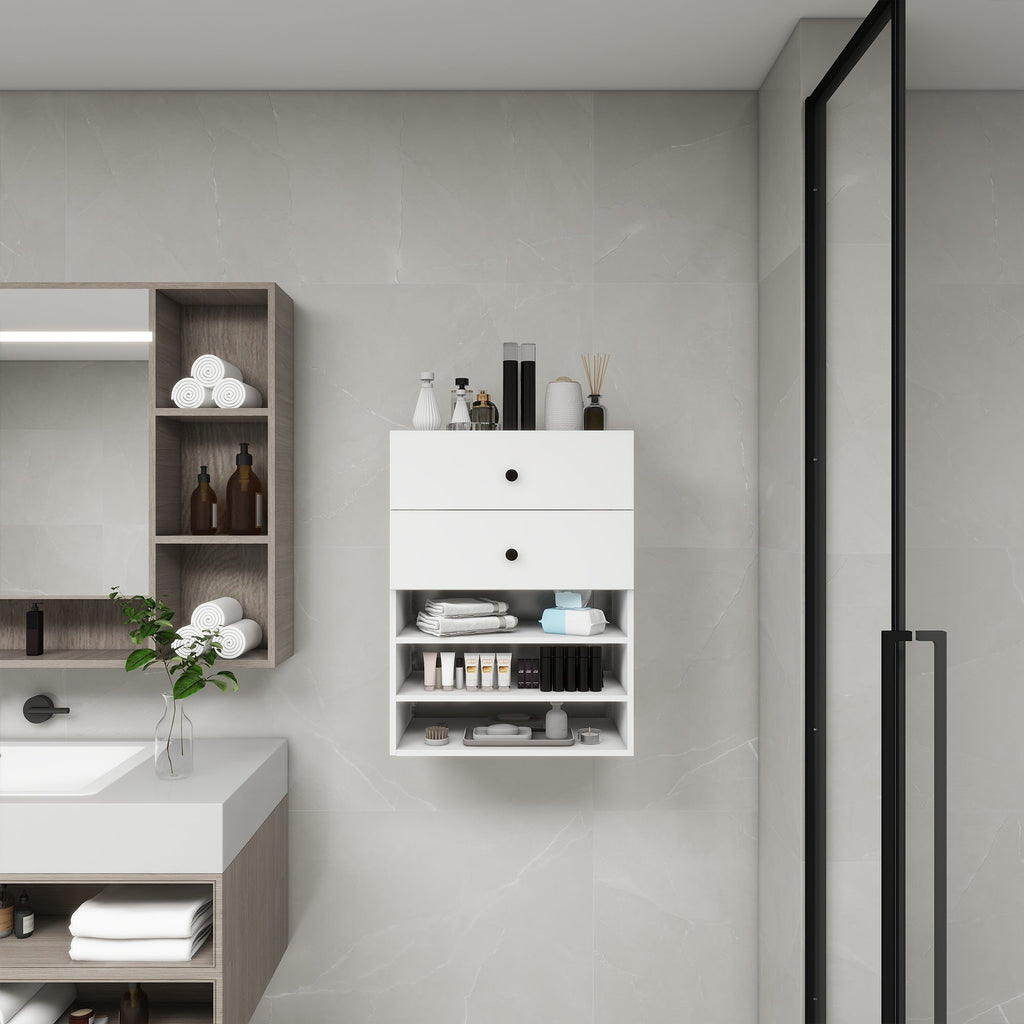 Système d'Organisateur de Placard Modulaire en Bois C1 avec 2 Tiroirs 3 Étagères, Montage Mural pour Dressing et Chambre, Rangement Intégré pour Vêtements, Blanc 23.62''L x 16.04''P x 31.49''H