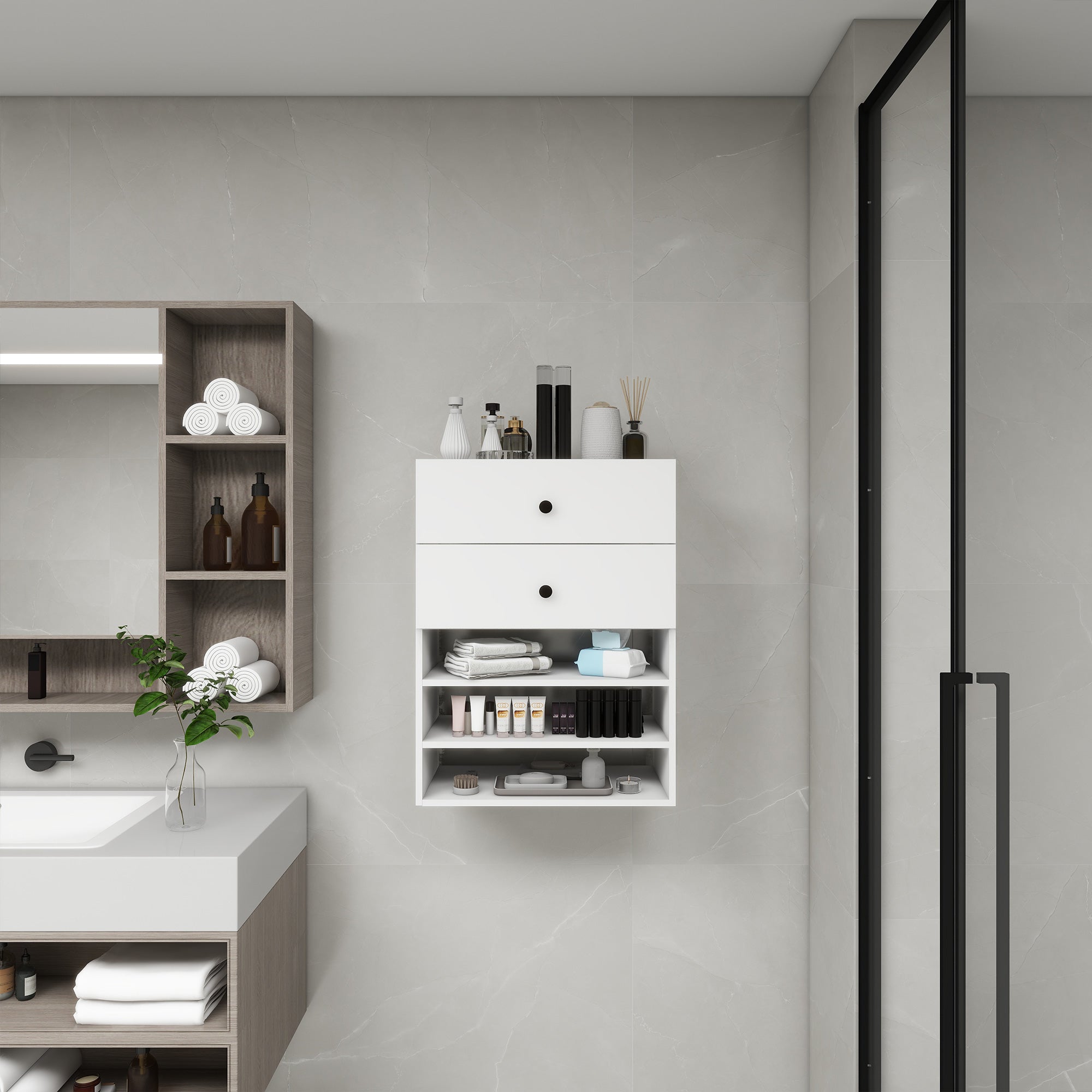 Système d'Organisateur de Placard Modulaire en Bois C1 avec 2 Tiroirs 3 Étagères, Montage Mural pour Dressing et Chambre, Rangement Intégré pour Vêtements, Blanc 23.62''L x 16.04''P x 31.49''H