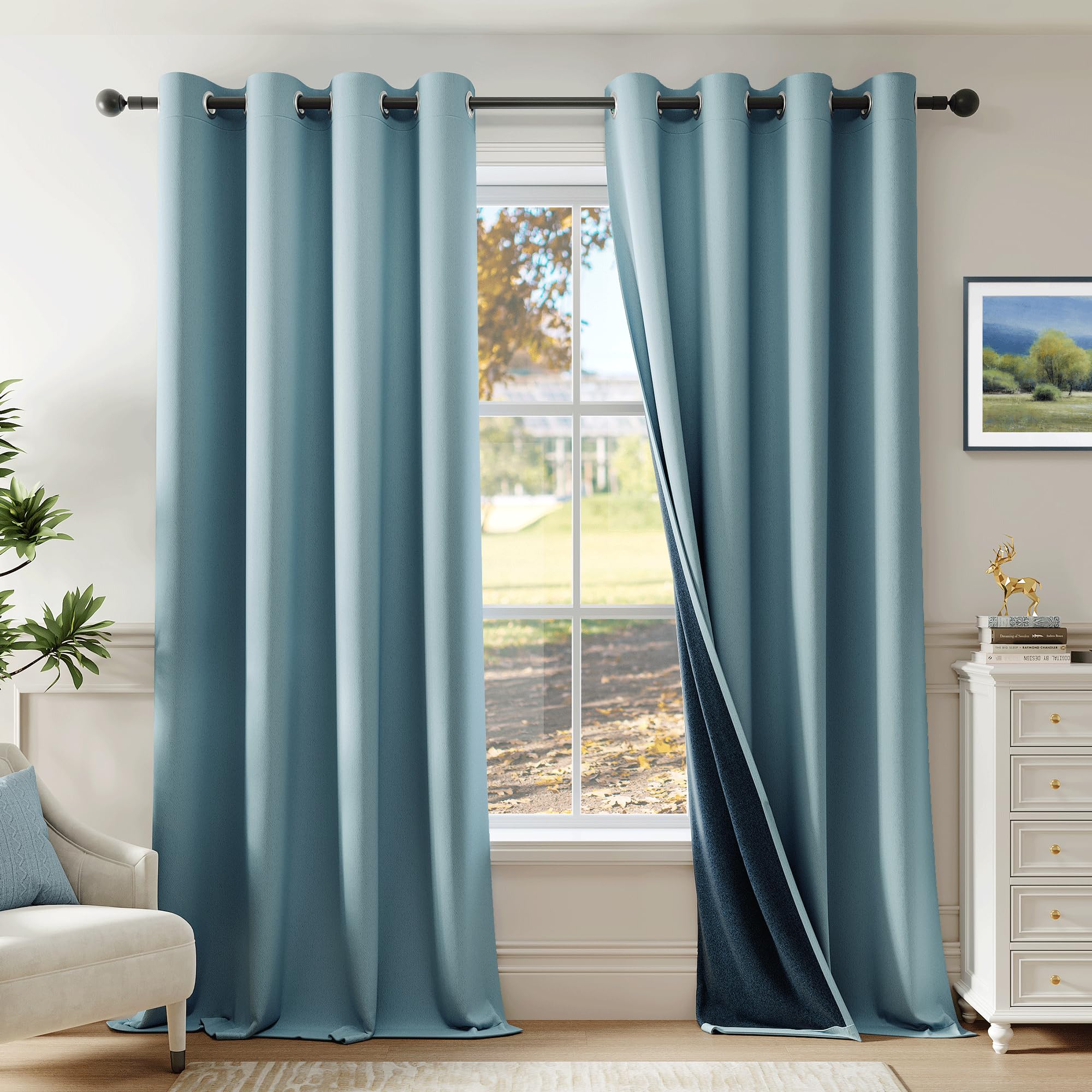Beauoop Rideaux Occultants 100% Noir de 84 Pouces de Long 2 Panneaux pour Chambre à Coucher Salon Bleu Pierre Uni Isolants Thermiques Insonorisants Économiseurs d'Énergie à Oeillets Set de 2 Rideaux 52x84